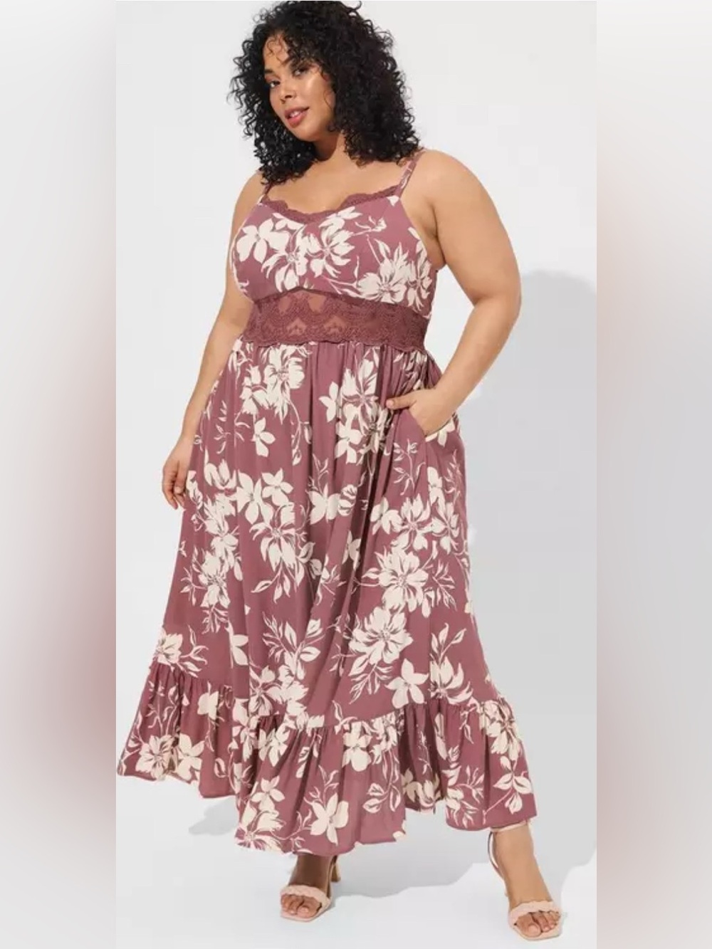 Torrid 0 Womens Large Mauve Purple Emma Floral Lace Inset Maxi Pocket Dress
